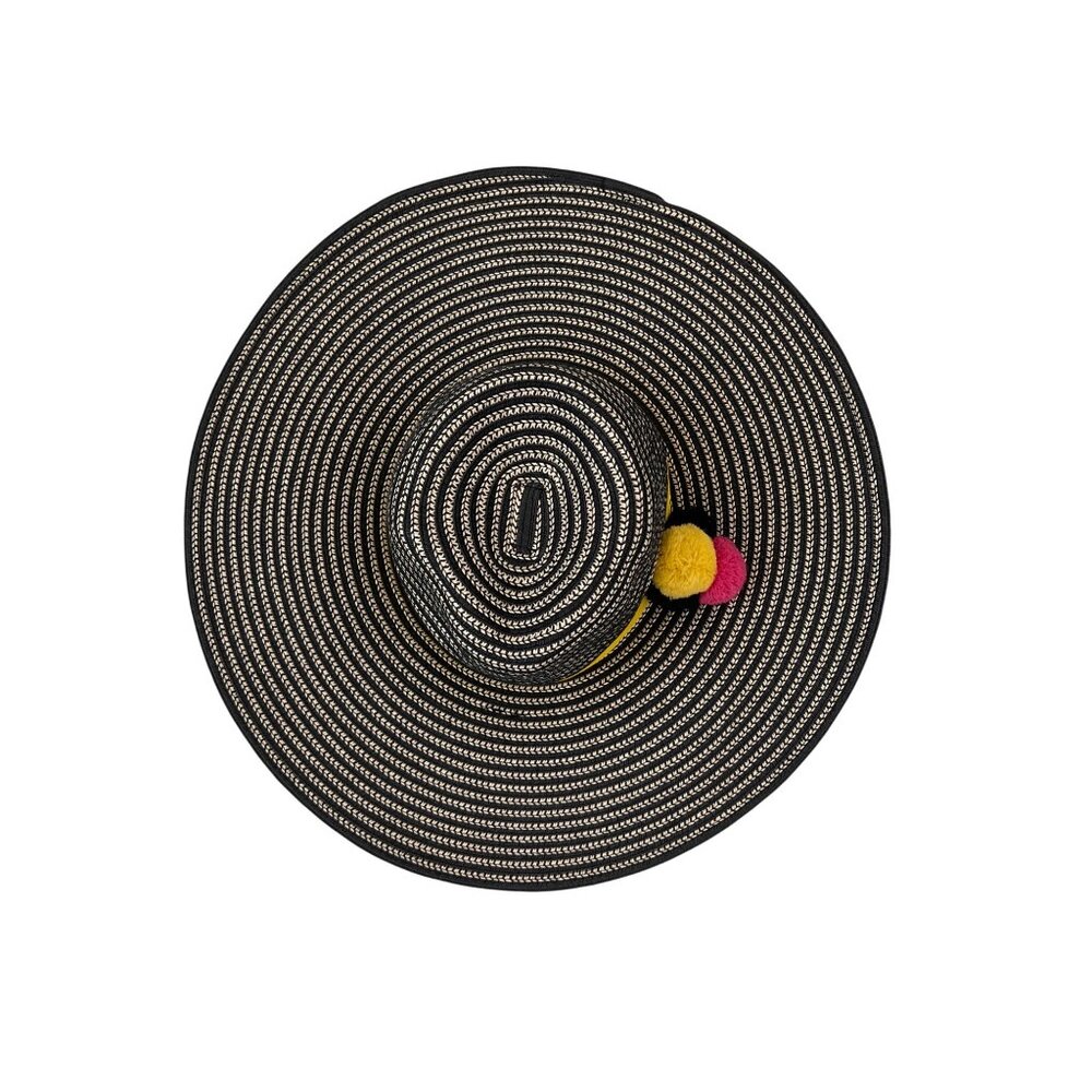 Shiraleah "Belize" Striped Black & Beige Sun Hat With Yellow Band & Pom-Poms